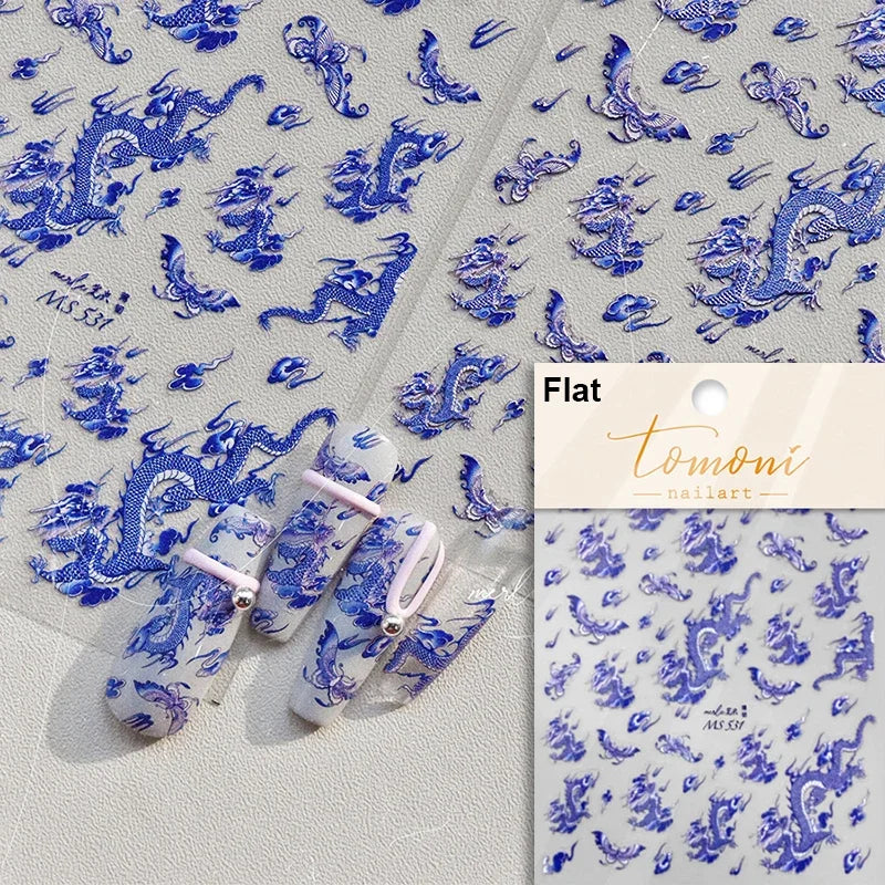 5D Kawaii Ink Wash Fairy Fox Dragon Loong Nail Art Stickers Cartoon Star Animals Backglue Nail Decoration Decals Accessories