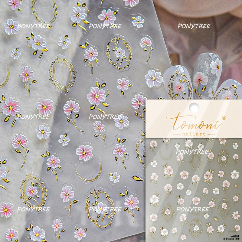 Elegant Pink Purple Flower Rose Colourful Gentle Petal Peach Blossom Metal Shiny Self Nail Art Sticker Decoration Manicure Decal