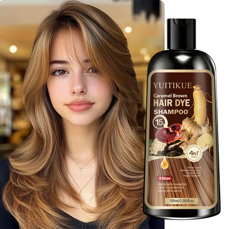 YUITIKUE 4-in-1 Caramel Brown Hair Dye Shampoo 100ml - Natural Instant Color Shampoo with Moisturizing Care