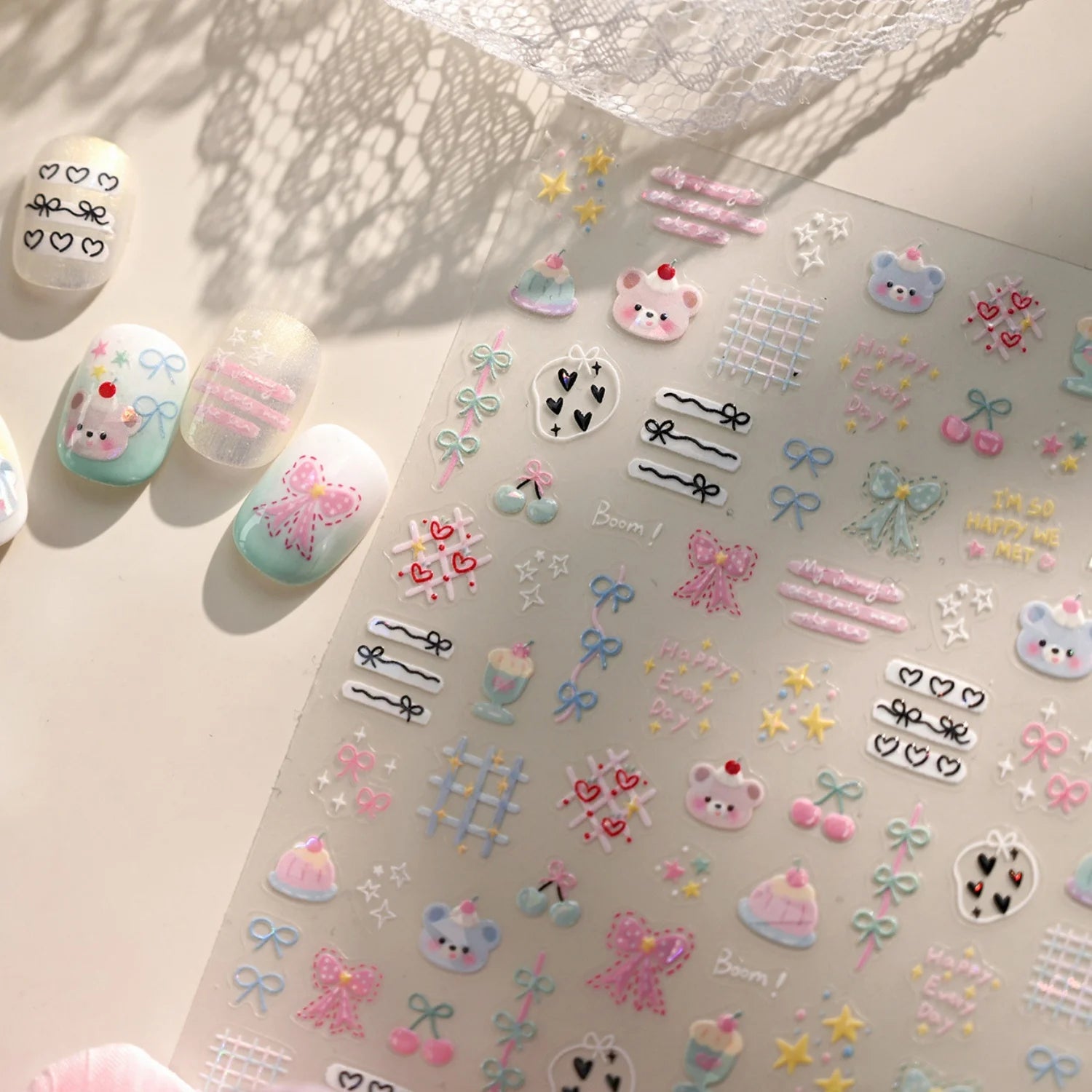 5D Pink Blue Bear Dessert Cake Pudding Candy Cane Heart English Slogan Nail Art Stickers Cute Baby Bear Party Embossed Decals