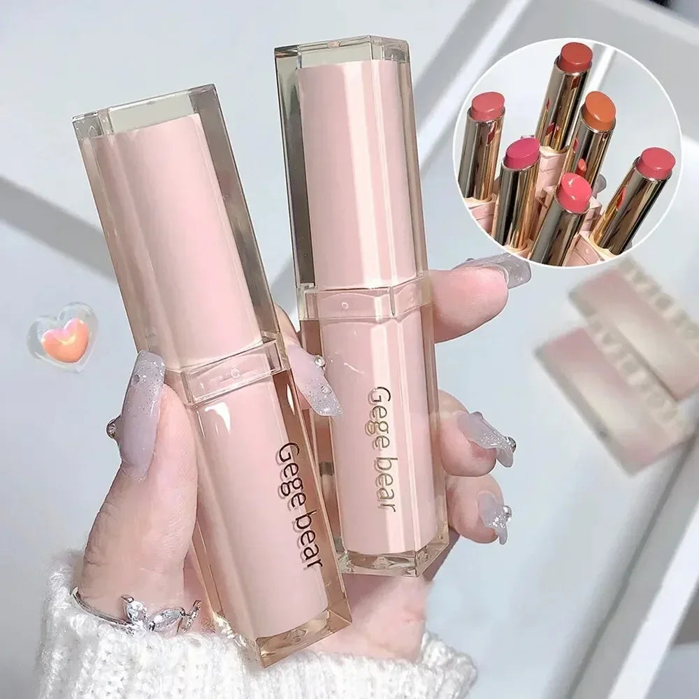 6 Colors Silky Glossy Lipstick Gege Bear Pump Lips Moisture Water  Comfortable Ultra Sheen Non-Stick Cup Lip Balm