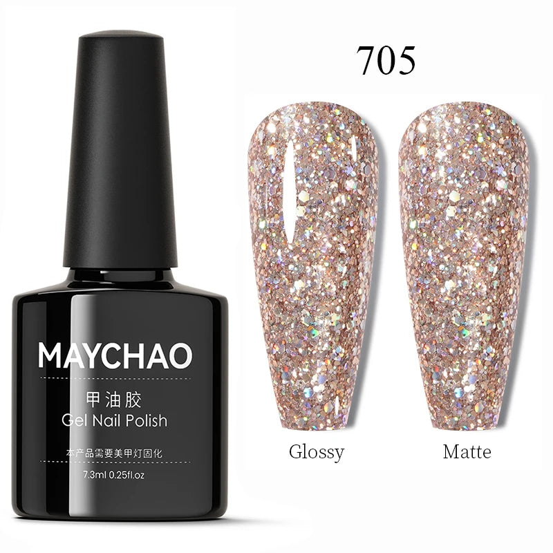 MAYCHAO Glitter Gel Nail Polish 7.3ml Semi-permanent Sequins Shiny Gel Base Top Coat Soak Off UV LED Varnish Nail Art Decoration