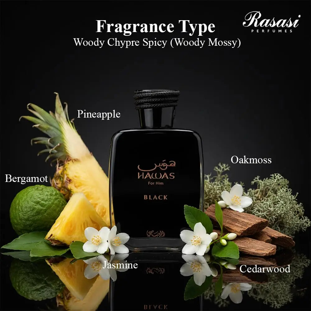 Rasasi Hawas Black EDP Spray 100ml Men's Fragrance Black & Gold Bottle Oriental Fougère Scent with Bergamot Lavender Ambergris Perfect Holiday Birthday Gift for Him