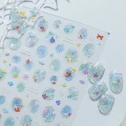 5D Summer Ocean Nail Stickers Seaside Vacation Colorful Fish Bubble Starfish Little Octopus Nail Decal Fresh Sea Manicure Decor