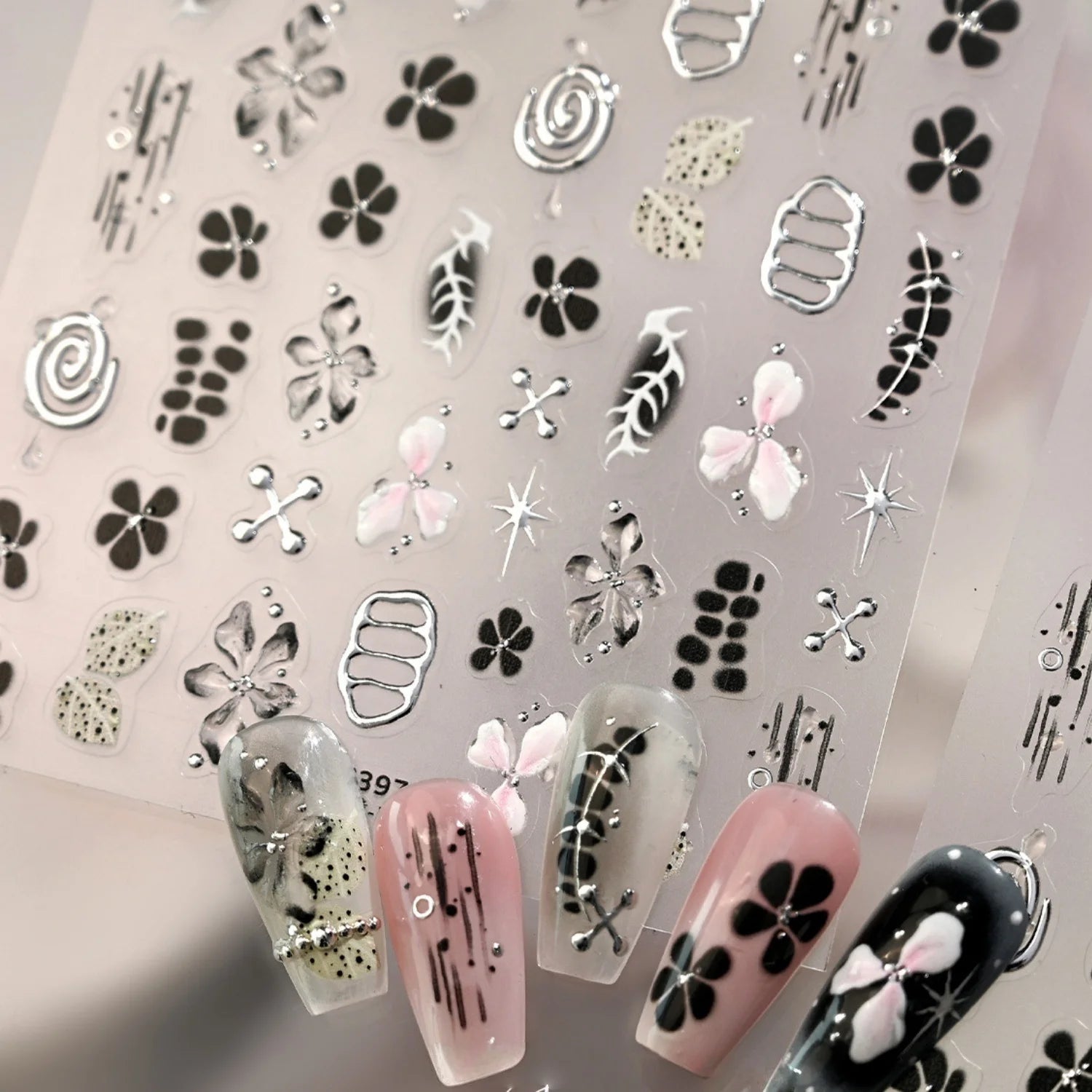 5D Black Silver Dream Thorn Clover Thorn Leaf Silver Spiral Pink Diamond Flower Silver Star Nail Art Stickers Embossed Decals