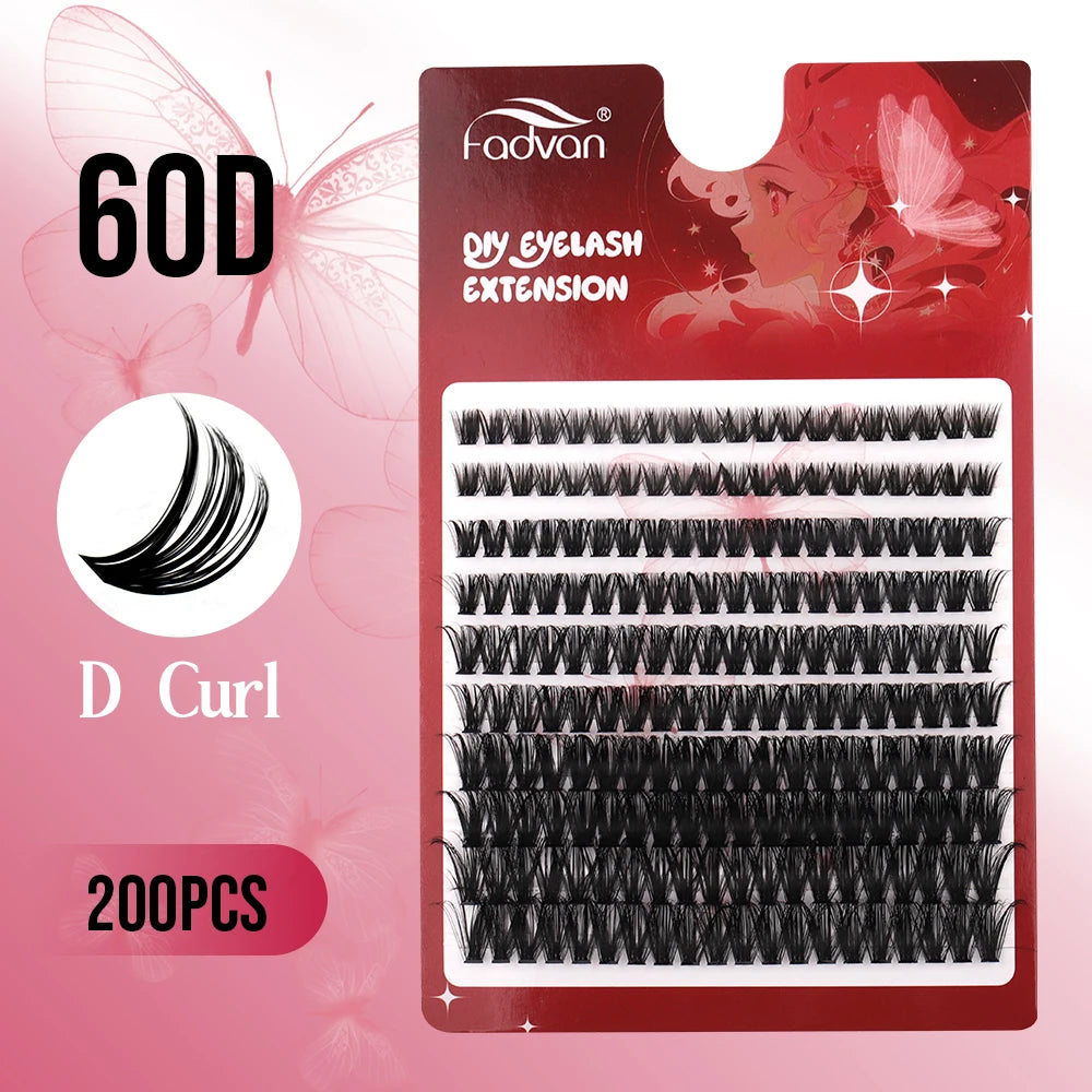 Fadvan 60P/80P DIY Eyelash Extension Kit Individual Lashes Cluster D Curl Mix Lash Clusters with Bond and Seal Lash Extensions