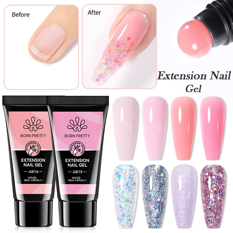 BORN PRETTY 30ml Nail Extension Gel Glitter Soak Off Nail Acrylic Crystal Building UV Gel for Nails Quick Extension Manicure