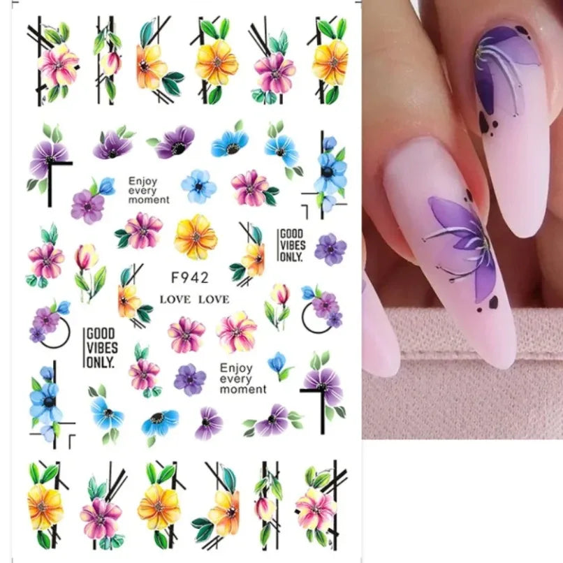 3D Flower Petal Nail Stickers Purple Pink Tulip Leaf Clover Summer Avocado Fruit Geometric Line Floral Manicure Decoration