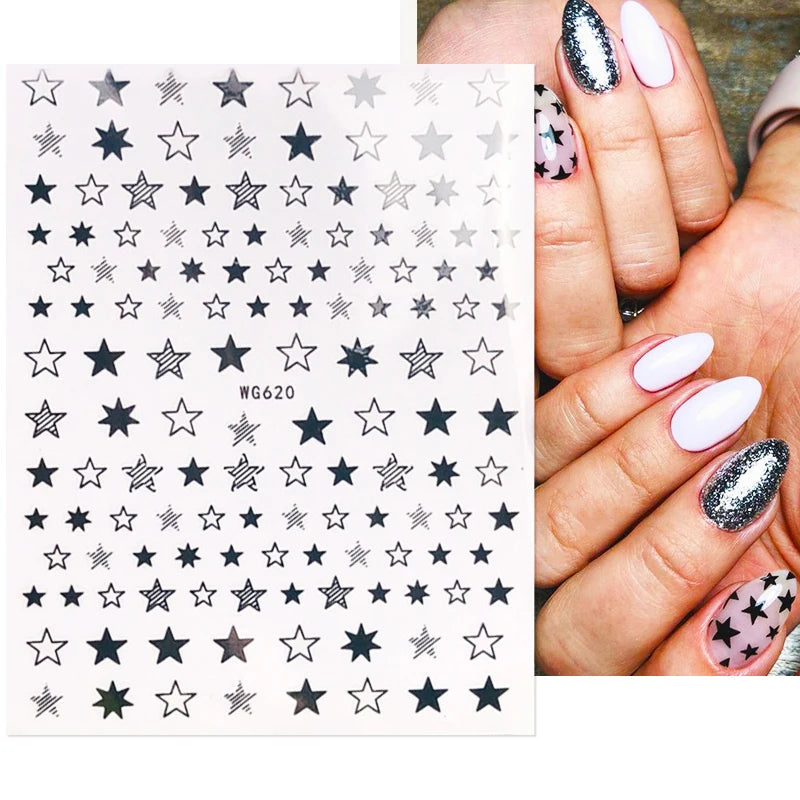 Shiny Gold Star Moon Sun Nail Stickers for Manicure Accessories Heart Feather Animals Printing Self Adhesive Nail Wrap
