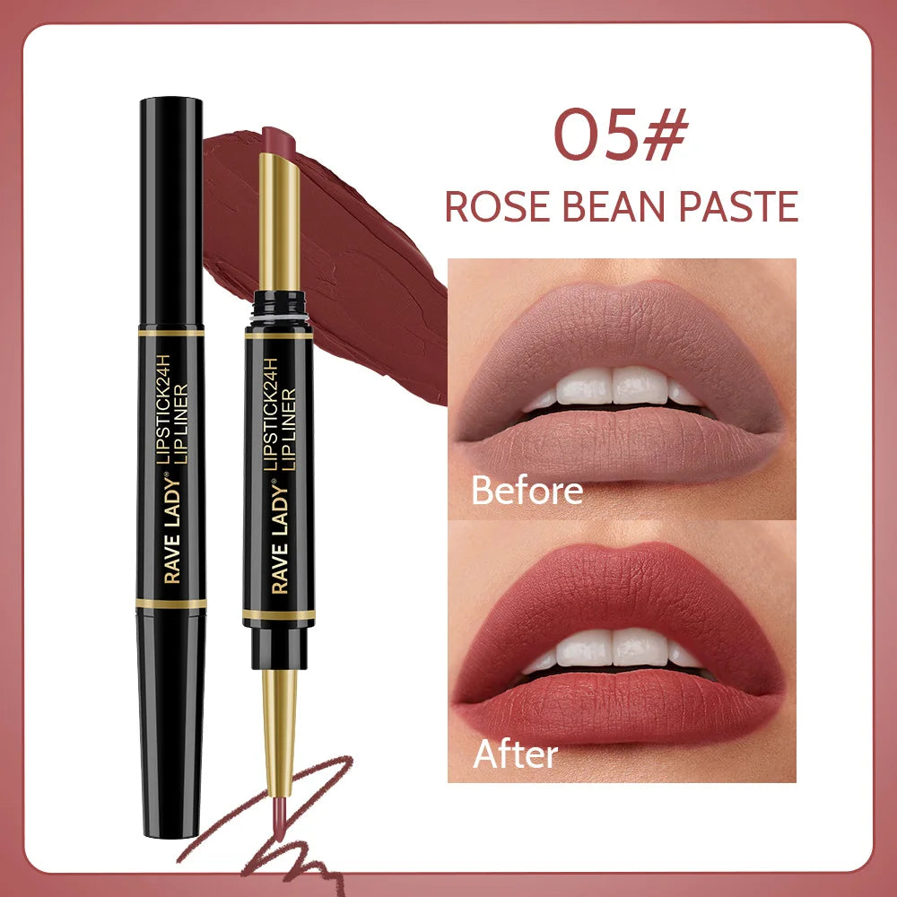 Rave Lady 2 IN 1 Matte Lipstick Lipliner Pencil 6 Color Christmas Gift Waterproof Lipstick Sexy Red Long Lasting Lipliner Makeup