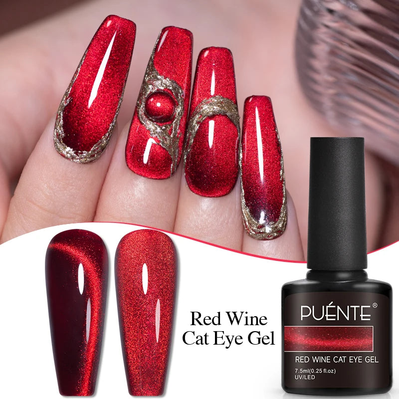 PUENTE 7.5ML Wine Red Magnetic Cat Eye Gel Nail Polish With Magnet, Super Shiny Ruby Red Magnetic Nail Gel, Soak Off UV/LED Lamp Curing, Glossy Varnish, Hypoallergenic Nail Salon Quality Polish for Skin, Gift for Women
