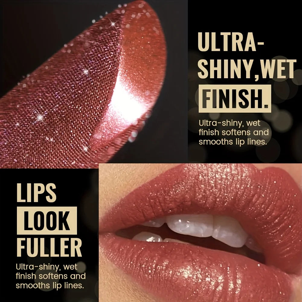 Metallic Shimmer Lipstick, Pearly Glitter Shine, Creamy Texture, High Color Payoff, Smooth Apply, Party Makeup