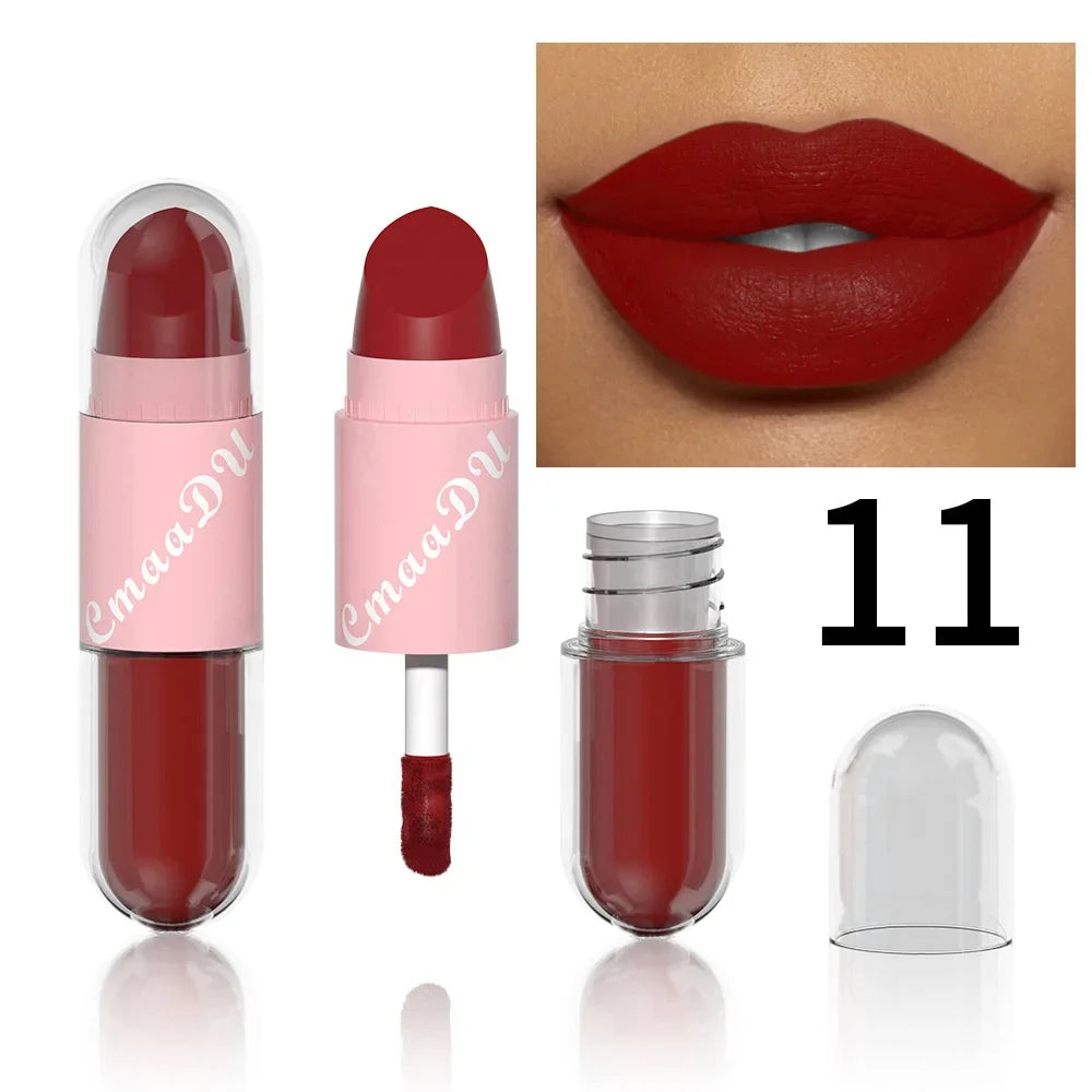 18Color 2In1 Matte Velvet Liquid Lipstick Double Head Sexy Red Purple LipGloss Moisturizing Lasting Waterproof Lip Glaze Make Up
