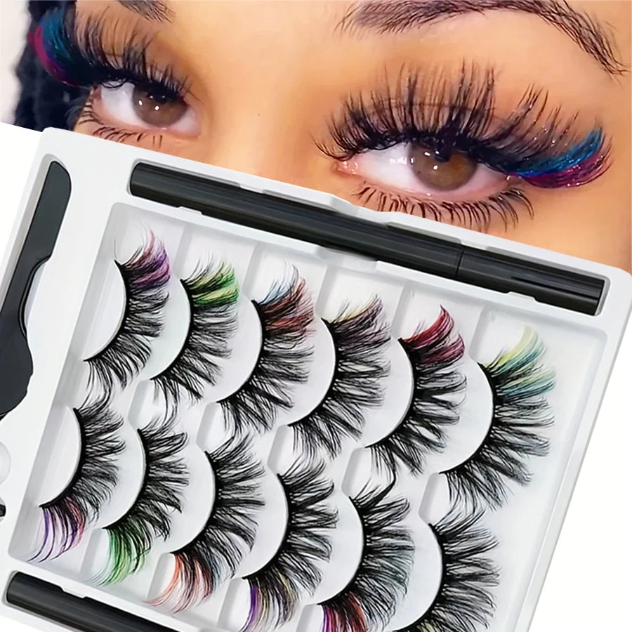 6 Pairs of Color 8D Fluffy Curly False Eyelashes, Magnetic Eyeliner Pen Is Not Easy to Smudge and Do Not Leak Eyelashes Set