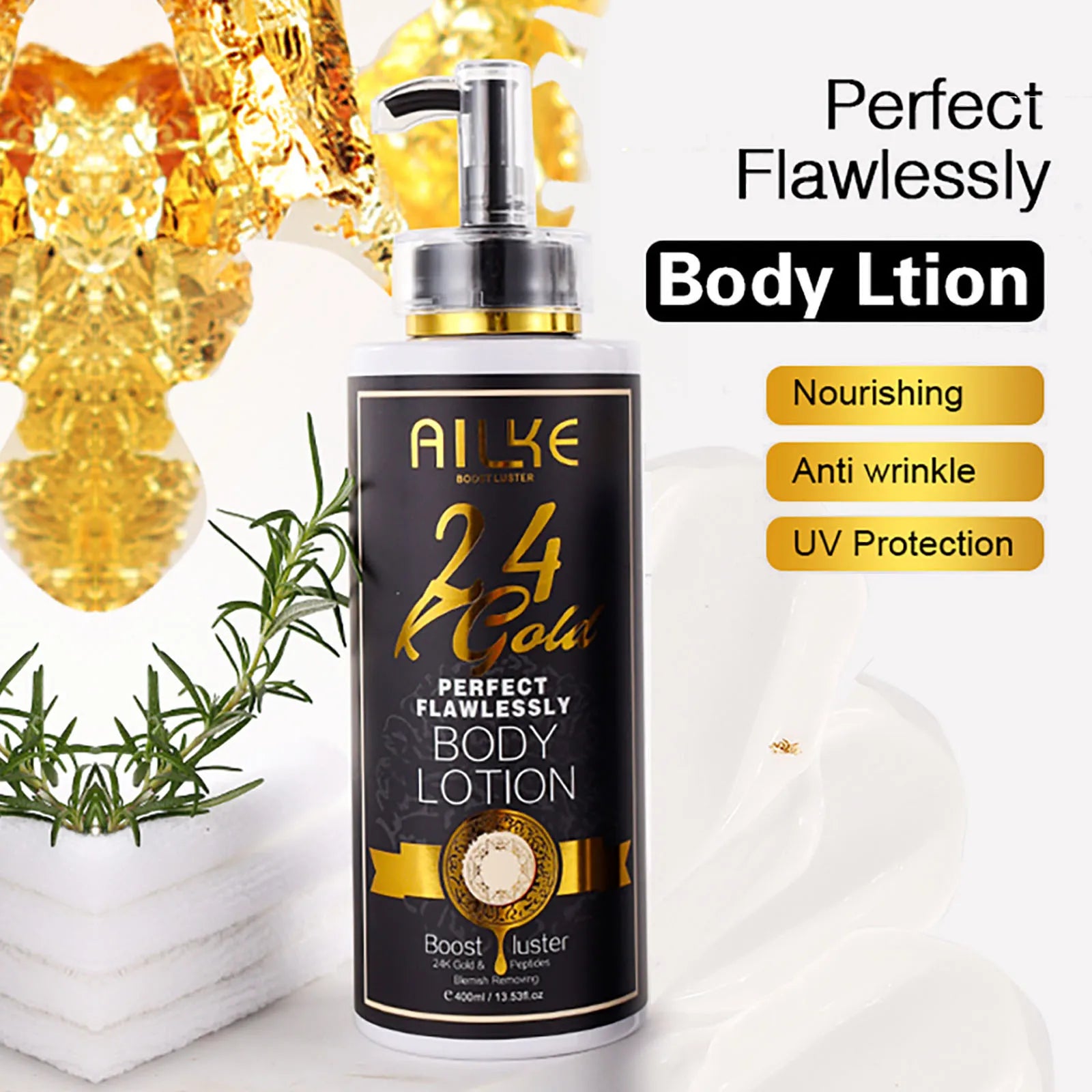 AILKE 24k Gold Perfect Flawlessly Body Lotion, Whitening, Inhibit Melanin, Moisturizing, UV Protect, With Nicotinamide Vitamin C