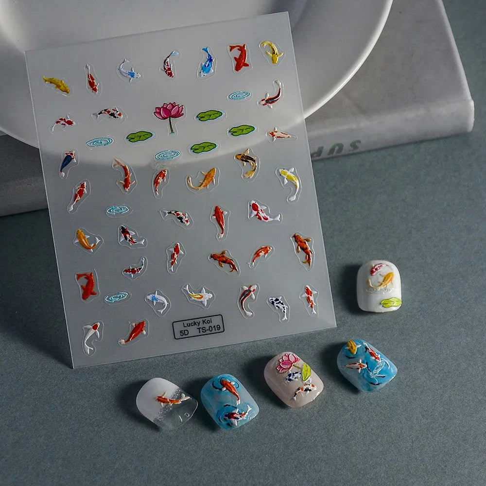 5D Koi Carp Nail Sticker Green Lotus Kawaii Red Carp Nail Slider for Manicure Relief DIY Acrylic Nails Fish Accessories Decal
