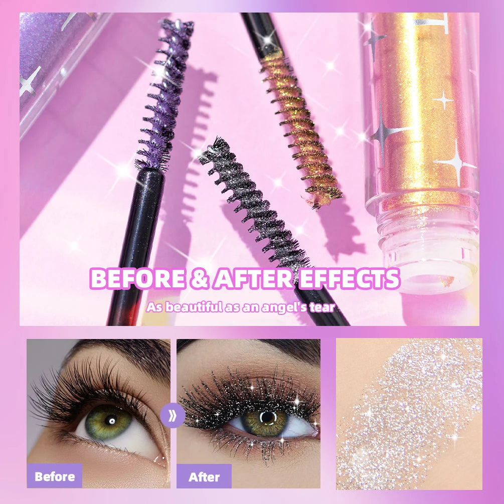 QIBEST Silver Diamond Glitter Mascara Lasting Makeup 3D Volume Eyelashes Shimmer Curling Gold Purple Mascara Eyelash Cosmetics