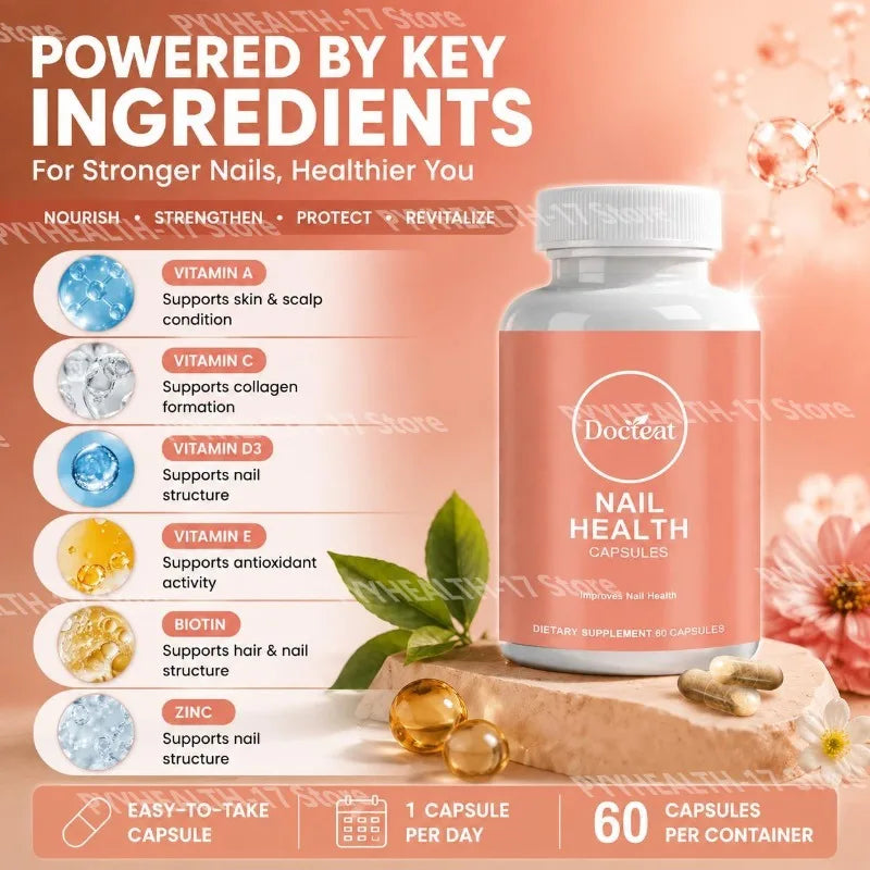 Docteat Nail Health Capsules with Biotin Zinc Vitamin C D3 E Supports Nail Skin Hair and Collagen 60 Capsules Dietary Supplement