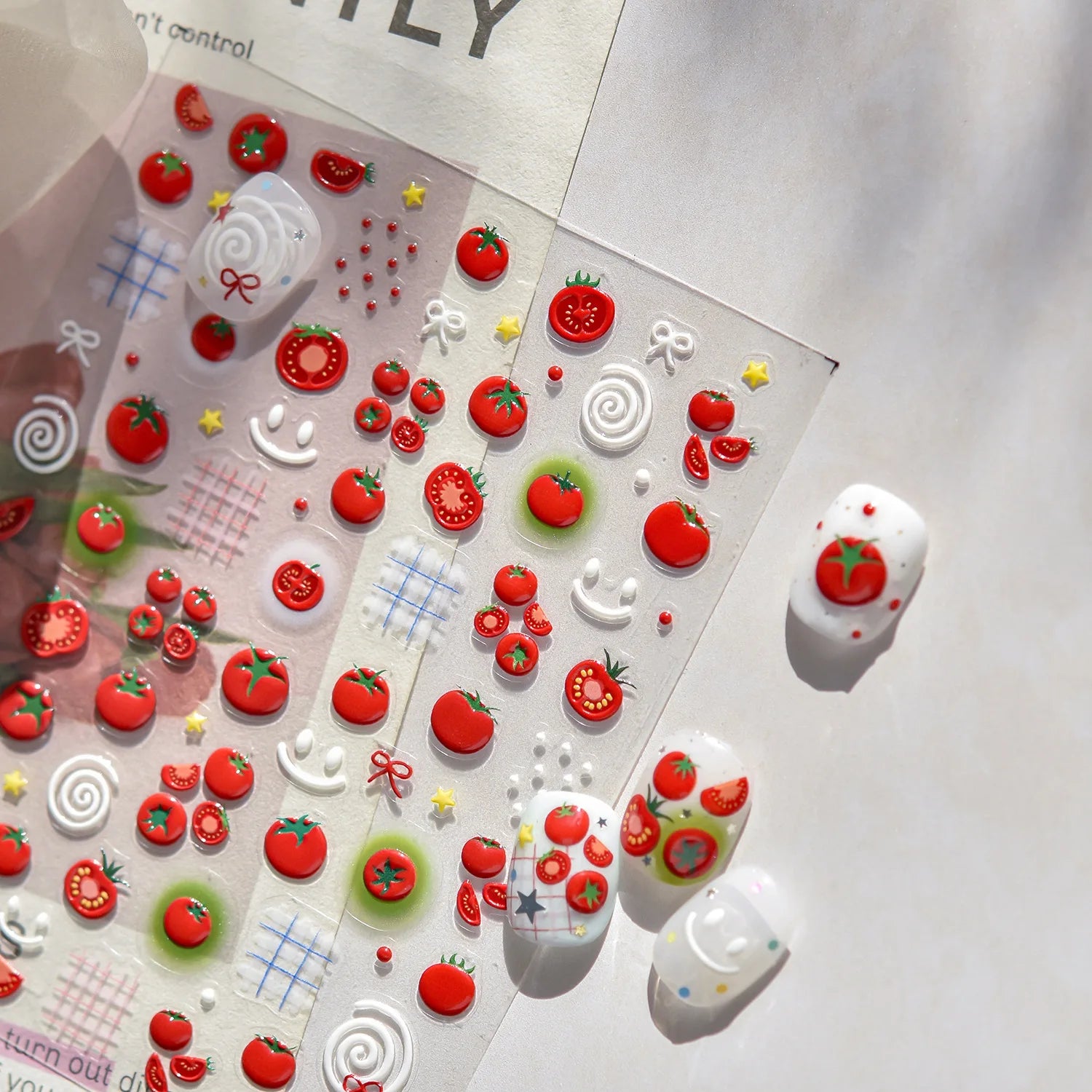 Jelly Nail Stickers Ice penetrating Cat Eyes Red Tomato Smile Bows Self Adhesive Nail Art Stickers DIY 5D Cute Nail Parts Decals