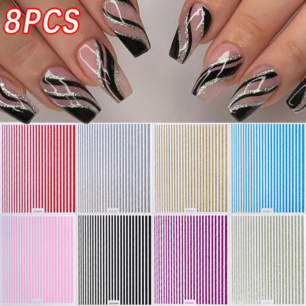 8Pcs/Set 3D Laser Glitter Colorful Metallic Line Nail Stickers Gold Silver Line Wave Stripe Nail Art Decals Kit Manicure Sliders