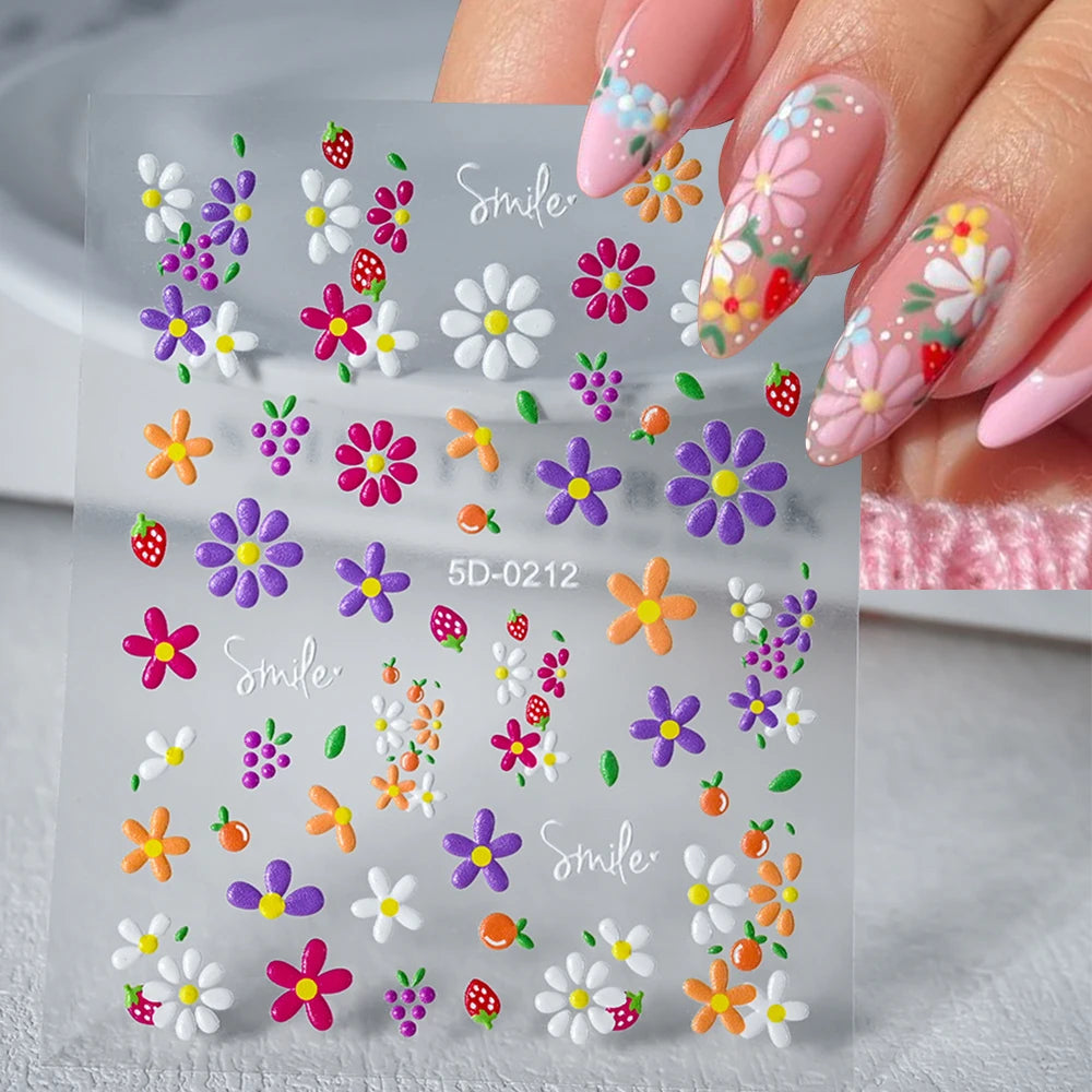 5D Pink Blue Floral Nail Art Stickers Petals Leaf Plant Embossed Nail Decals Spring Summer Flower Design for DIY Nail Supplies
