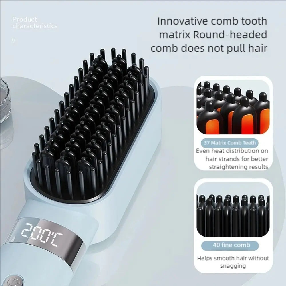 Wireless Hair Straightener Comb, LCD Display 140-200℃ 3 Temp Control, Rechargeable Portable Travel Hair Styling Brush