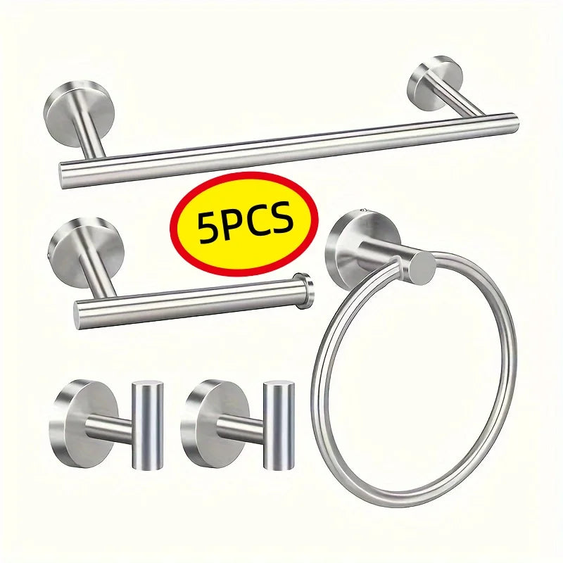 5-piece wall mounted hardware bathroom accessories, stainless steel towel bar, towel ring, toilet paper holder hook bathroom kit