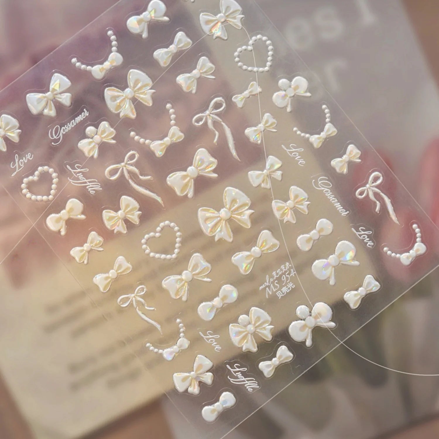 White Pearl Bow French Polka Dot Bow Pearl Heart Pearl Chain 5D Nail Stickers Self-Adhesive Nail Decal Manicure Decor for Women
