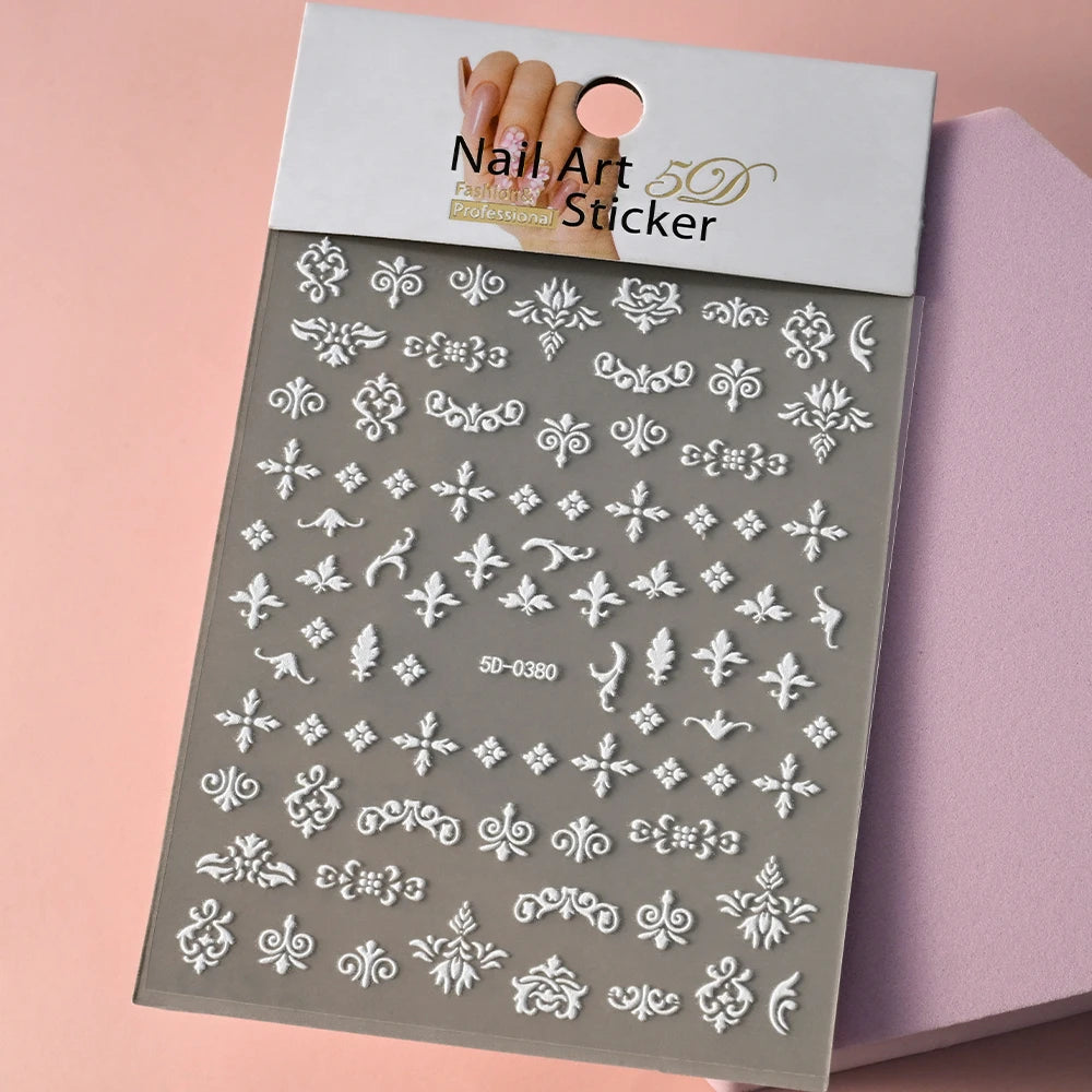 5D White Face Flowers Nail Art Stickers 8x10cm Elegant Wedding Bride White Floret Nail Decal Self-Adhesive Flowers Nail Slider
