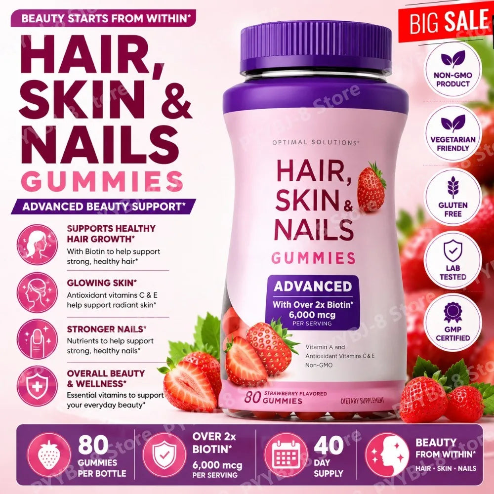 Biotin Gummie Strawberry Flavor with 6000Mcg Biotin & Vitamin Support Healthy Hair Skin and Nails 80pcs Nutritional Supplement