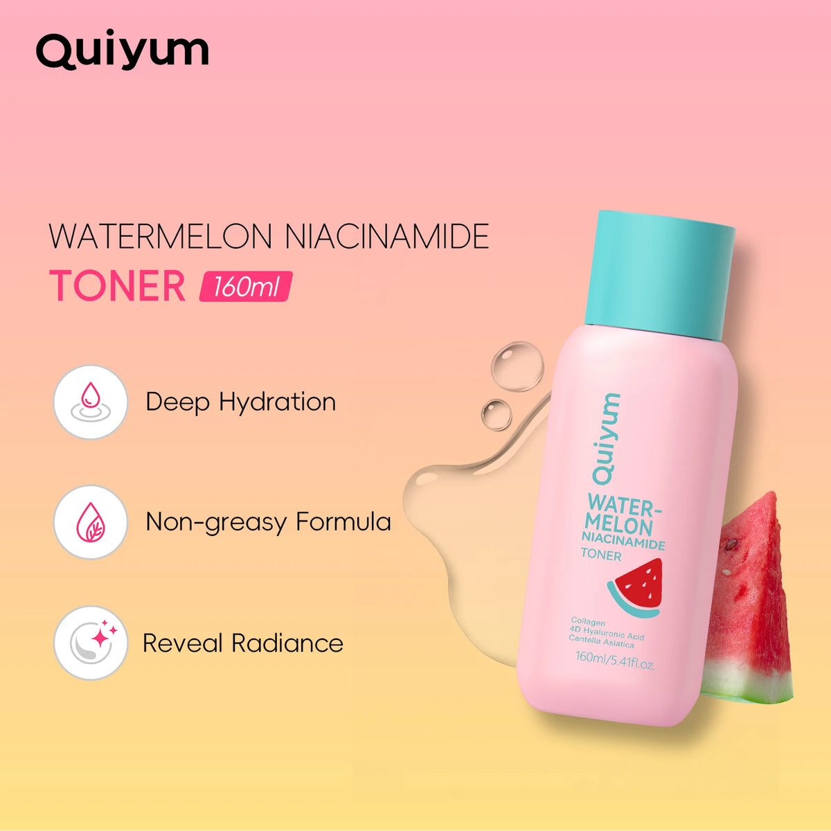 Quiyum Watermelon Niacinamide Toner 160ml Deep Hydration Reveal Radiance with 4D Hyaluronic Acid