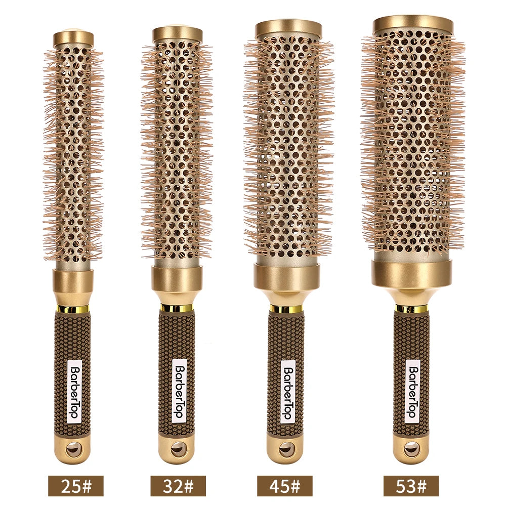 4 Sizes Of Curly Hair Comb Round Hair Comb Wild Boar Mane Hot Air Curly Hair Comb Gold Aluminum Tube Hairdressing Styling Comb