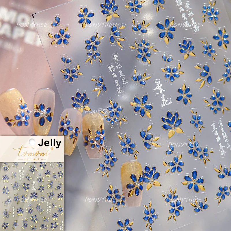 Elegant Pink Purple Flower Rose Colourful Gentle Petal Peach Blossom Metal Shiny Self Nail Art Sticker Decoration Manicure Decal