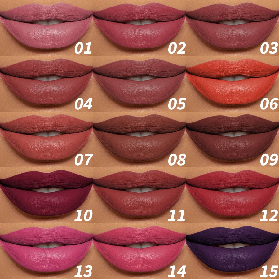 15-Color Velvet Matte Lipstick Pencil Waterproof  Red Brown Pink Long Lasting Lip Stick Korean Makeup Lip Tint Cosmetic Lipgloss
