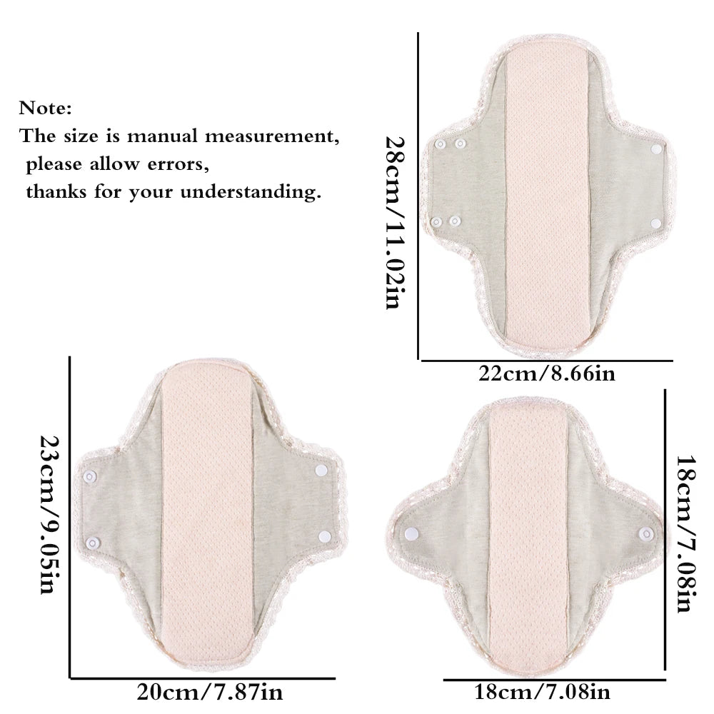 3pcs Washable Sanitary Pads Soft Breathable Cotton Cloth Pads Lace Trim Reusable  Women Menstrual Pads Heavy Flow