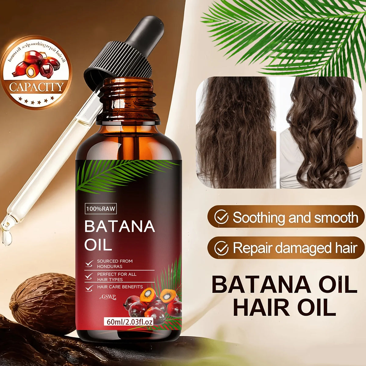 GSWP Batana Oil Hair Oil, Deep Moisturizing, Making It Soft and Shin, Deep Conditioning & Strengthening, Repairing Hair.60/120ml