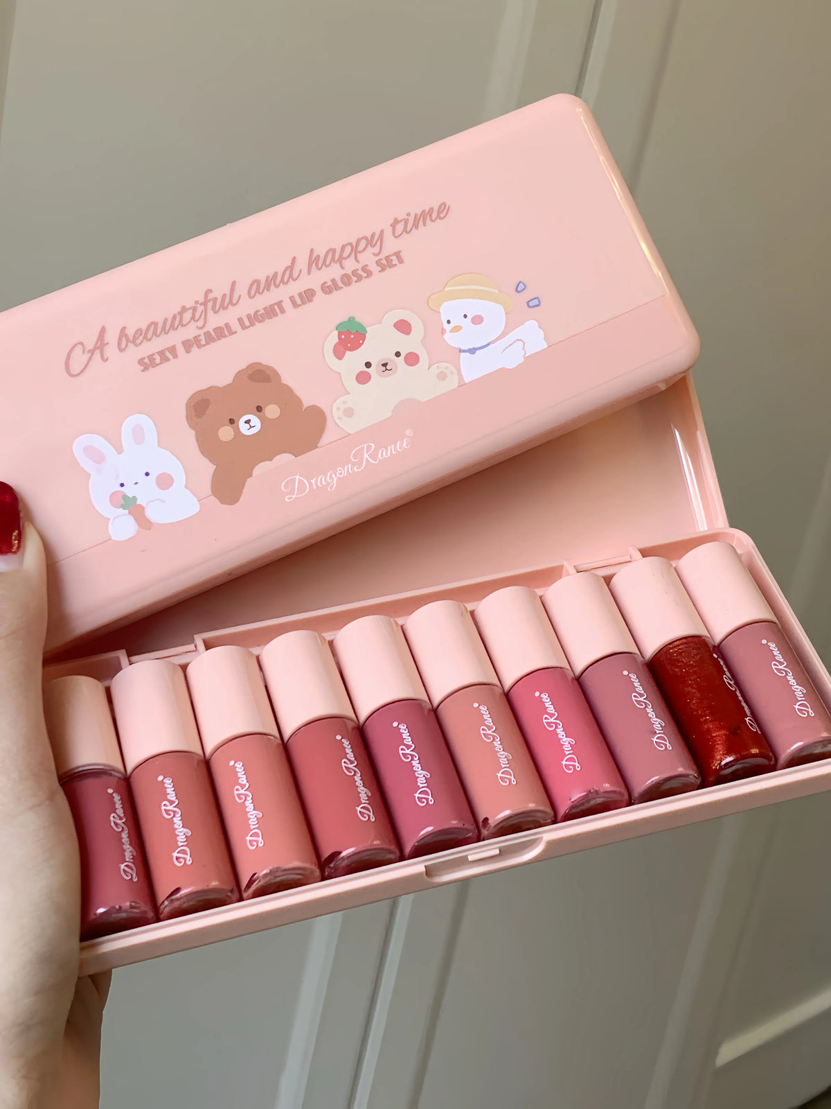 10-Color  Cute Cartoon Mini Mirror Lip Gloss Set, Moisturizing Lip Gloss, Long-Lasting, Fades Lip Lines, Touch-Ups Lipstick
