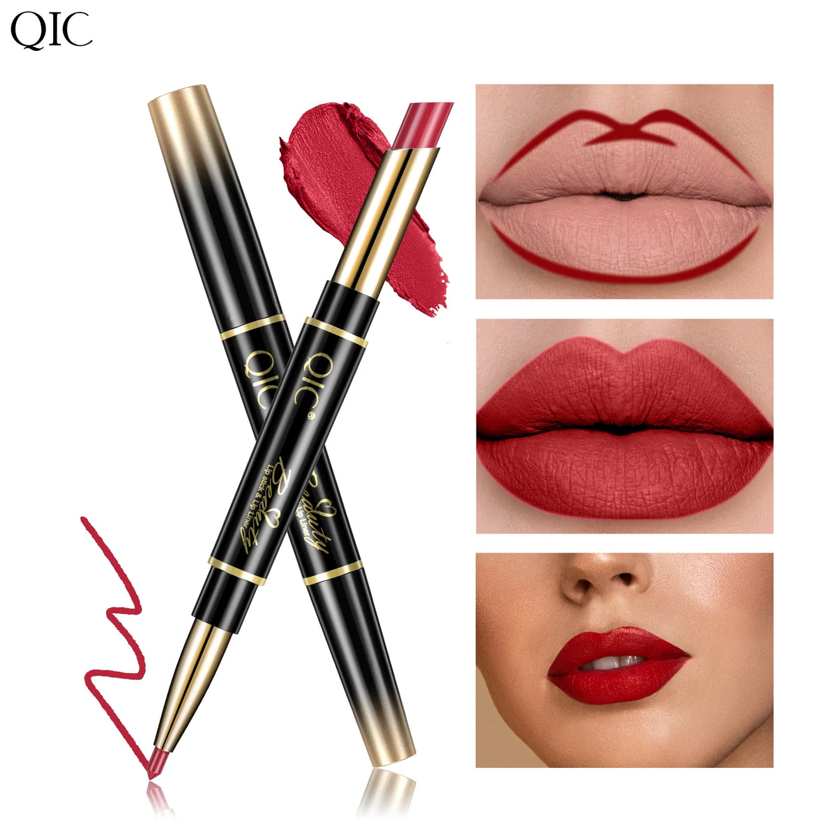 QIC Lipstick Lipliner Pen Matte Velvet Lip Liner Pencil Contour Makeup Sexy Red Lip Stick Long Lasting Cosmetics