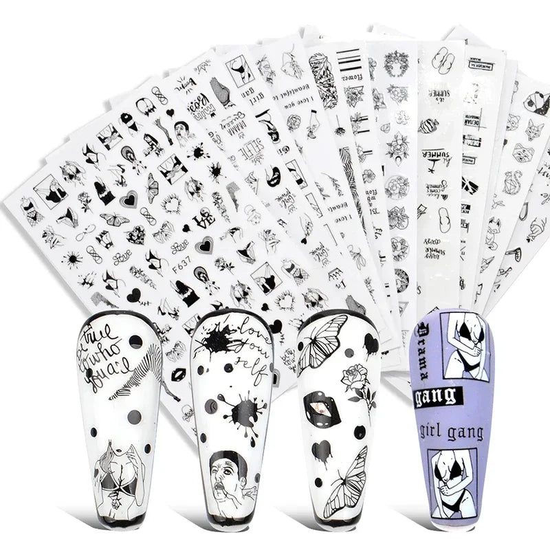 1PCS Black White Love Nail Stickers Letter Nail Design Flower Print Supplies Nail Art Decals Suitable For Women's Manicure