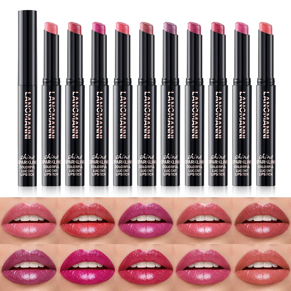LANGMANNI 10 Colors Slant Mouth Pearlescent Swivel Slant Mouth Design Lipstick Single Pack Lipstick Lasting Color Lip Gloss