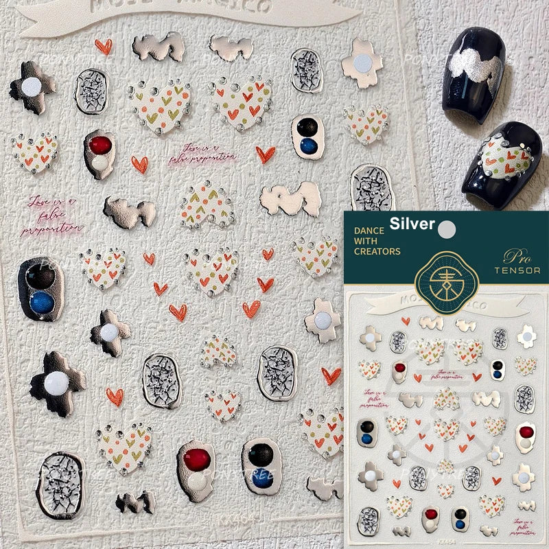 Geometric Lines Star Love Heart Chain Silver Gold Lava Letter Flower Growth Ring Number 5D DIY Nail Art Stickers Manicure Decals