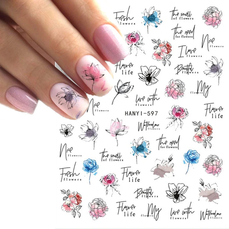 3d Nail Art Decals Geometric Lines Daisy Sunflowers Letters Adhesive Sliders Nail Stickers Decoration For Manicure