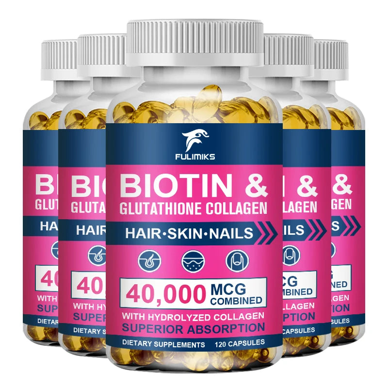 Biotin 40000mcg Combined Capsules, with Collagen & Glutathione, Promotes Hair, Skin, Nail Health & Natural Beauty Vitality