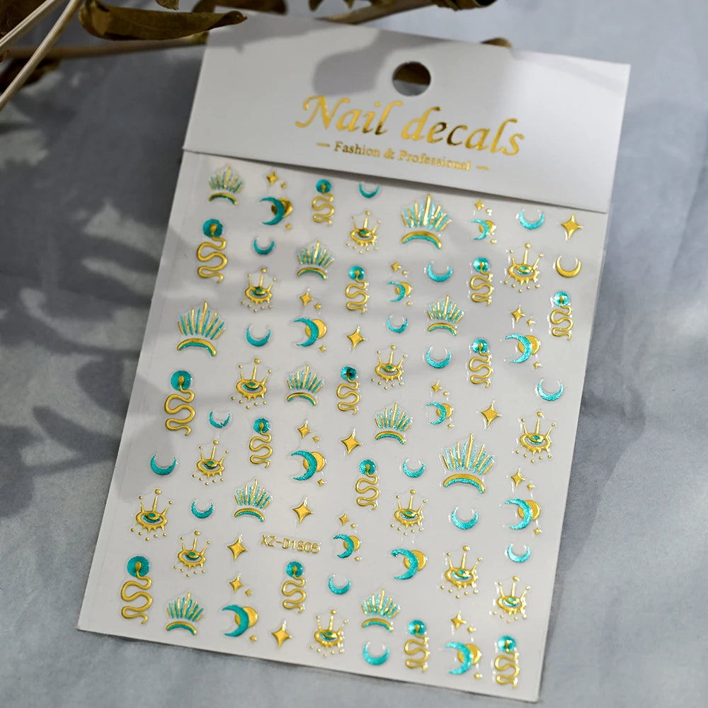 5D Gold Snake Star Moon Nail Art Stickers Lake Blue Gem Love Heart Nail Decal Y2 Holographic Metal Evil Eye Bohemian Nail Slider