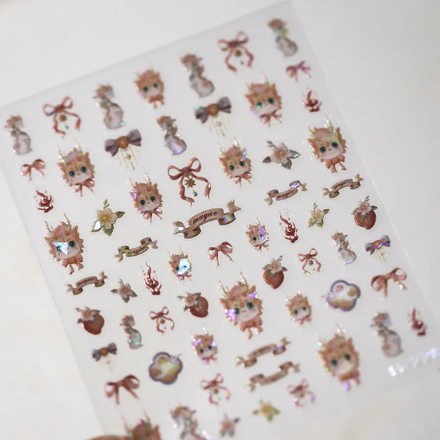 5D Kawaii Ink Wash Fairy Fox Dragon Loong Nail Art Stickers Cartoon Star Animals Backglue Nail Decoration Decals Accessories
