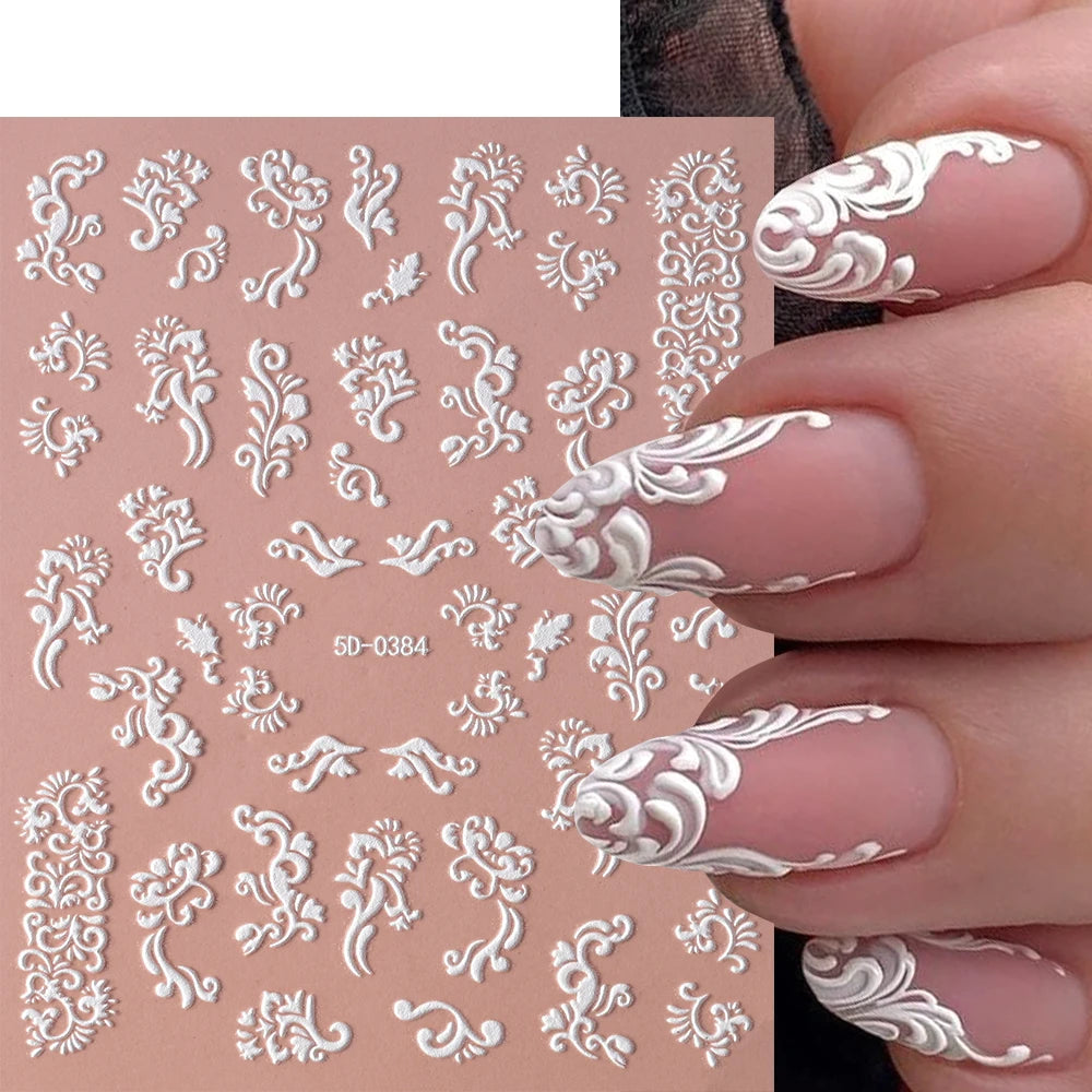 5D White Face Flowers Nail Art Stickers 8x10cm Elegant Wedding Bride White Floret Nail Decal Self-Adhesive Flowers Nail Slider