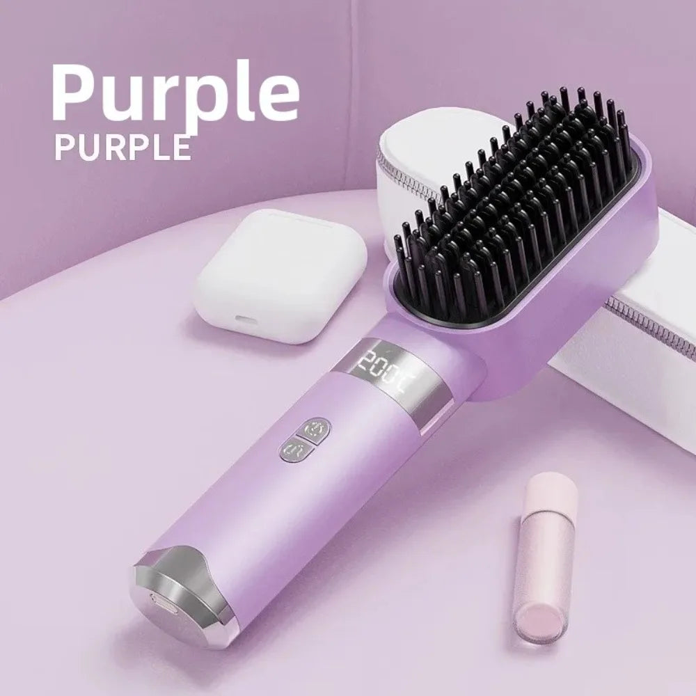 Wireless Hair Straightener Comb, LCD Display 140-200℃ 3 Temp Control, Rechargeable Portable Travel Hair Styling Brush
