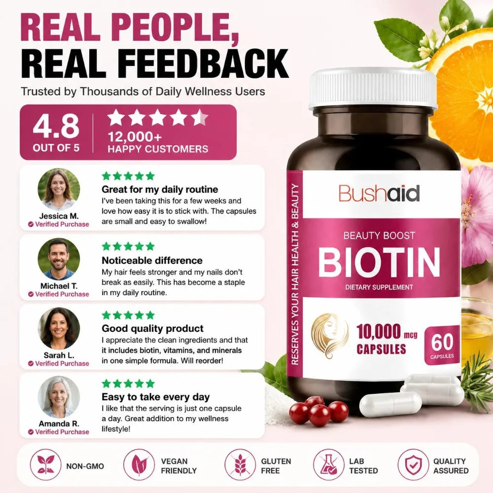 Bushaid Biotin 10000mcg Hair Growth Skin Nails Support Vitamin C E Zinc Selenium Horsetail Non-GMO Vegan Gluten Free 60 Capsules