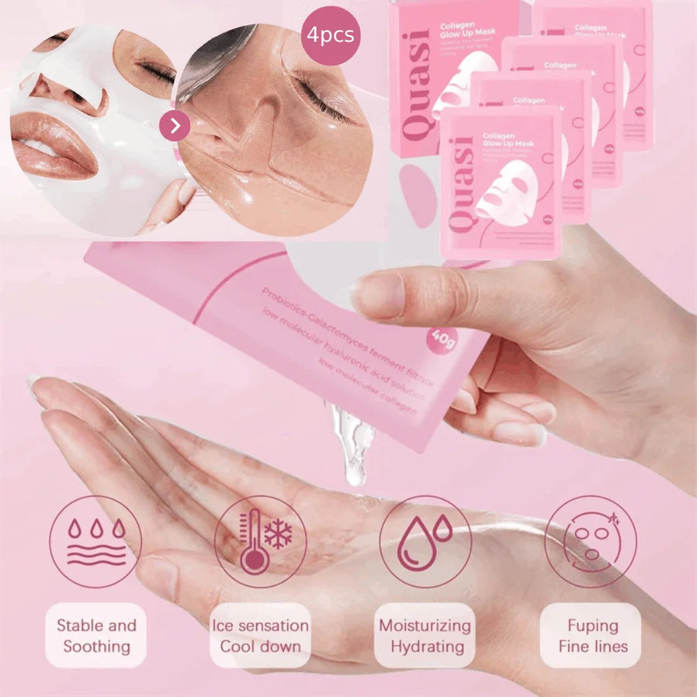 4PCS Quasi-Biological Collagen Hydrating Mask Overnight Brightening Anti-Aging Pore Minimizing Fine Line Reducing Mask Face Care