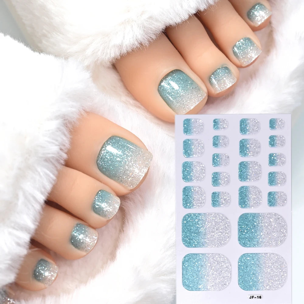1pcs 22tips Gradient Glitter Full Toe Nail Wraps 3D Shiny Omber Pink/Purple/blue Toe Nail Polish Stickers Baking Free Toe Strips